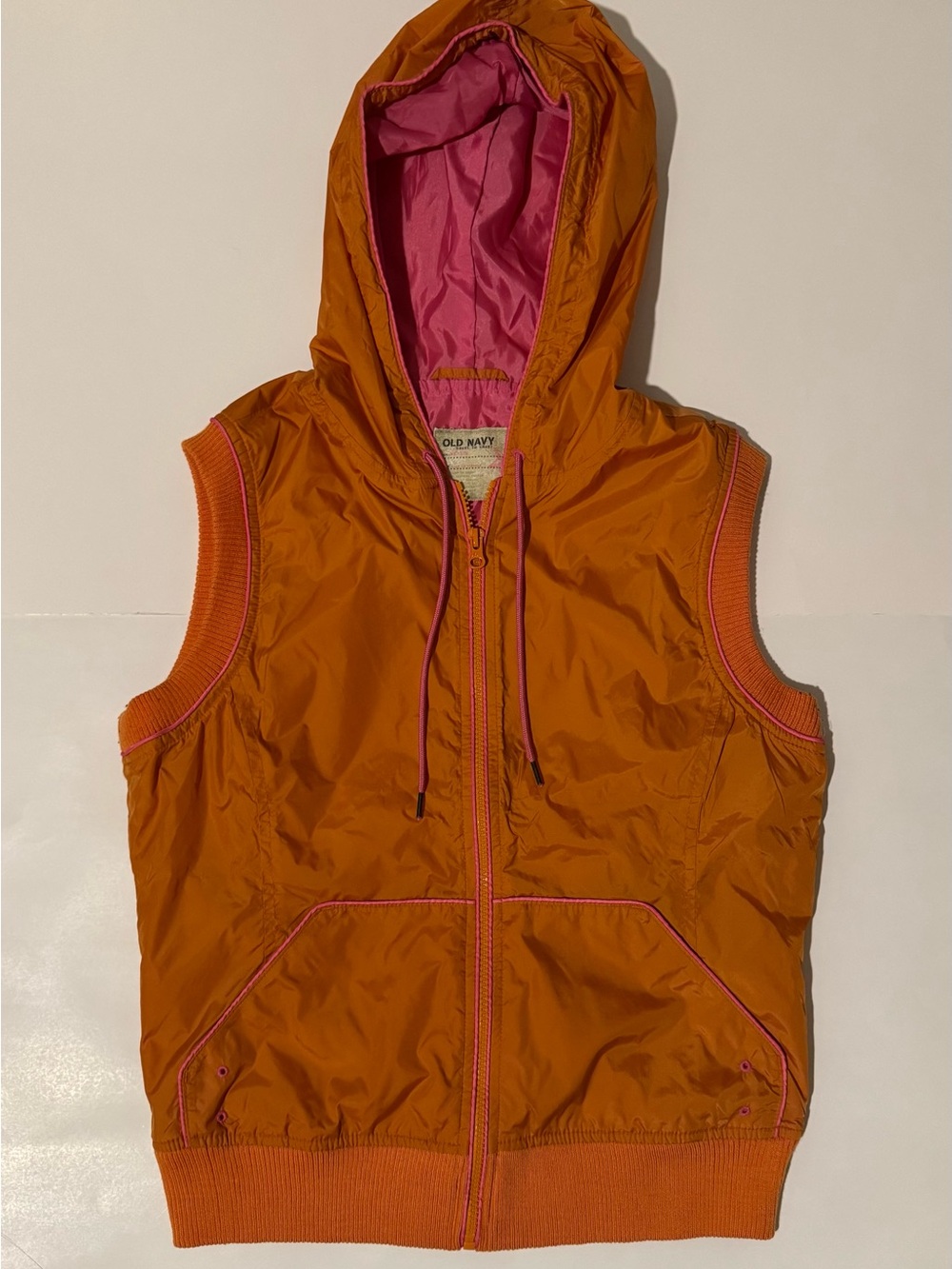 Old Navy Orange Hooded Sleeveless Vest with Pink Lining